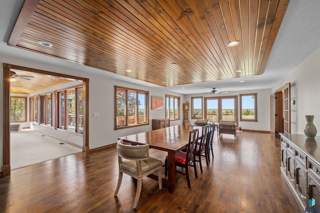 48190 265th St, Brandon, SD 57005 - dining area with a ceiling fan, wooden ceiling, dark wood-style flooring, baseboards, and recessed lighting