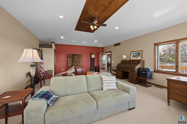 48190 265th St, Brandon, SD 57005 - living area featuring ceiling fan, vaulted ceiling, light colored carpet, recessed lighting, and baseboards