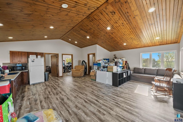 48190 265th St, Brandon, SD 57005 - living room featuring wood ceiling, vaulted ceiling, wood finished floors, and recessed lighting