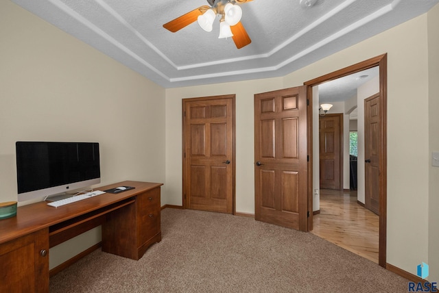 2305 N Ivy Rd, Tea, SD 57064 - office with a tray ceiling, light carpet, a ceiling fan, and baseboards