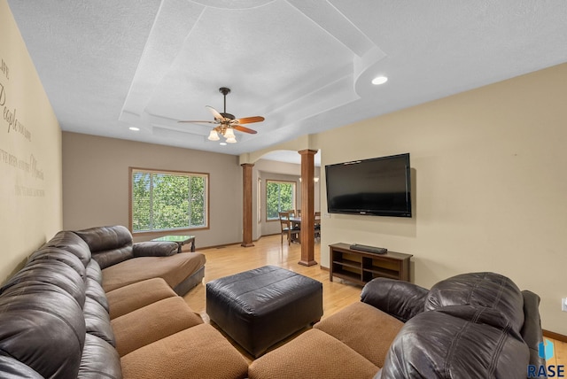 2305 N Ivy Rd, Tea, SD 57064 - living area with decorative columns, light wood-style floors, recessed lighting, and ceiling fan