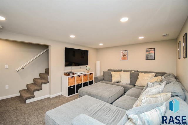 3204 S Phillips Ave, Sioux Falls, SD 57105 - carpeted living room featuring stairway, baseboards, and recessed lighting