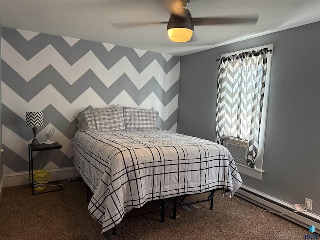 carpeted bedroom with baseboard heating, cooling unit, ceiling fan, and baseboards