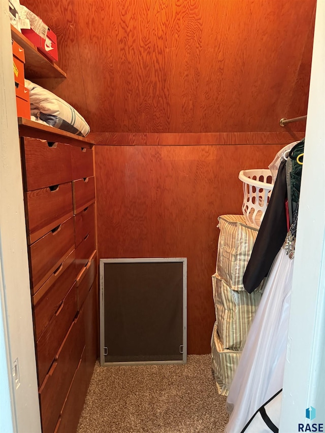 walk in closet featuring carpet flooring