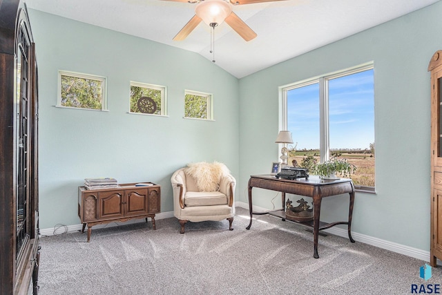 46370 237th St, Wentworth, SD 57075 - living area featuring a ceiling fan, lofted ceiling, carpet flooring, and baseboards