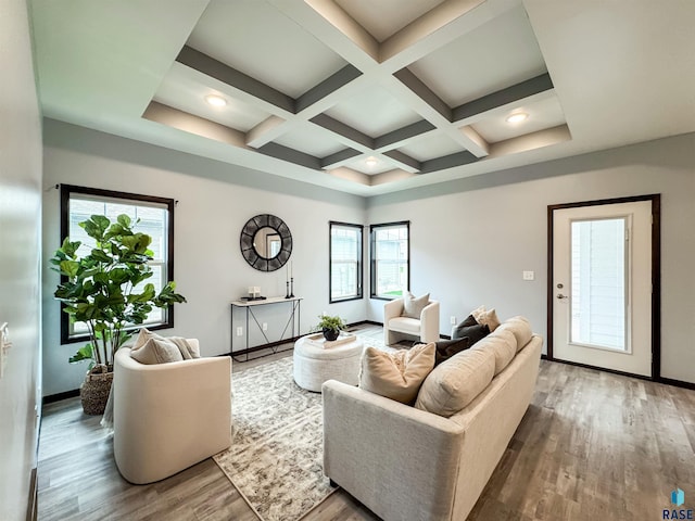 8612 W Dalton St, Sioux Falls, SD 57106 - living room featuring beam ceiling, wood finished floors, baseboards, and coffered ceiling