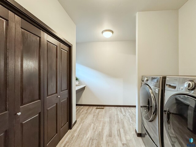 8612 W Dalton St, Sioux Falls, SD 57106 - clothes washing area featuring washer and dryer, light wood-style flooring, and baseboards