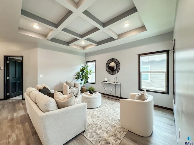 8612 W Dalton St, Sioux Falls, SD 57106 - living room featuring beam ceiling, wood finished floors, baseboards, coffered ceiling, and recessed lighting