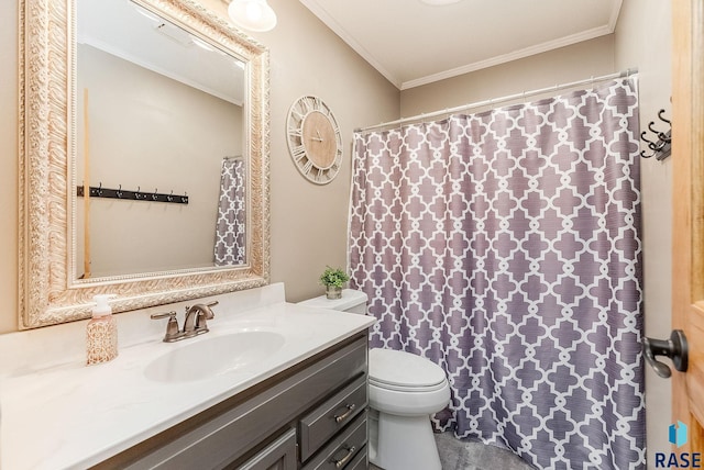 408 N Oak Ridge Rd, Brandon, SD 57005 - bathroom featuring ornamental molding, vanity, toilet, and a shower with curtain