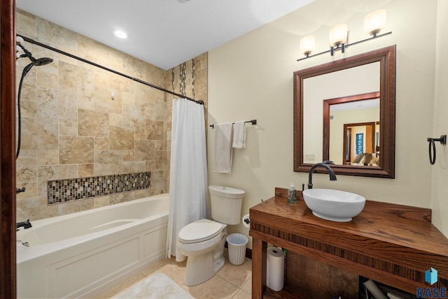 full bath with shower / bath combo with shower curtain, toilet, tile patterned flooring, and vanity