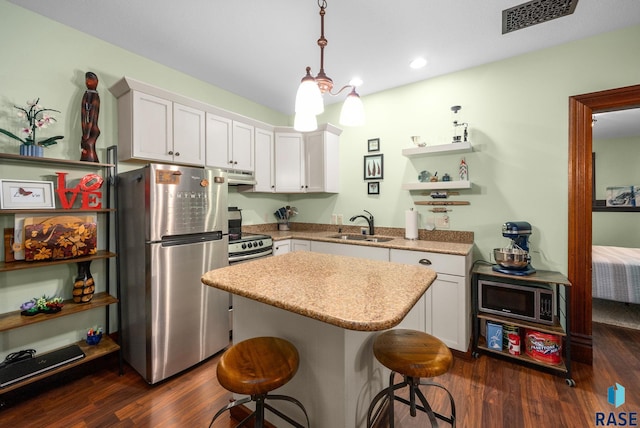 kitchen with stainless steel appliances, open shelves, dark wood-style flooring, a sink, and recessed lighting