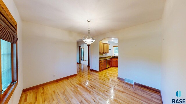 851 Regency Ct, Brookings, SD 57006 - spare room featuring light wood finished floors, arched walkways, a sink, and baseboards