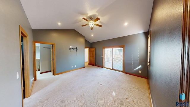 851 Regency Ct, Brookings, SD 57006 - unfurnished bedroom featuring vaulted ceiling, baseboards, light colored carpet, recessed lighting, and ceiling fan