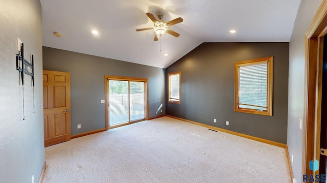851 Regency Ct, Brookings, SD 57006 - spare room with a ceiling fan, vaulted ceiling, light carpet, baseboards, and recessed lighting