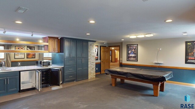 851 Regency Ct, Brookings, SD 57006 - rec room with beverage cooler, recessed lighting, billiards table, wet bar, and carpet flooring