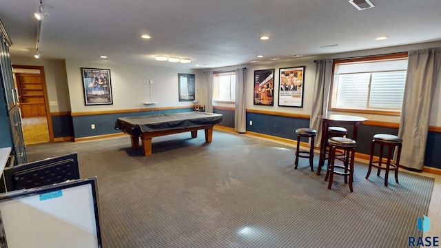 851 Regency Ct, Brookings, SD 57006 - rec room with carpet, baseboards, billiards table, and recessed lighting