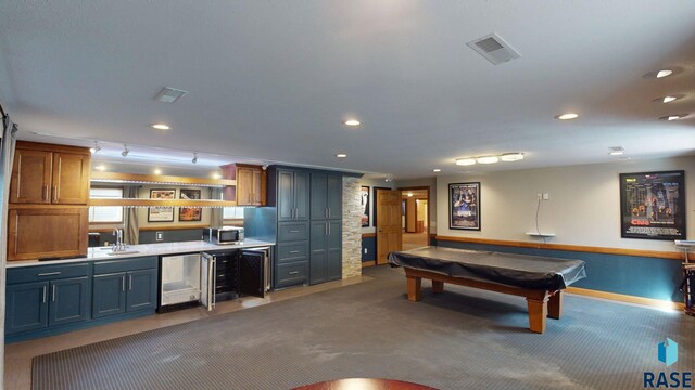851 Regency Ct, Brookings, SD 57006 - recreation room with wet bar, carpet floors, recessed lighting, pool table, and beverage cooler