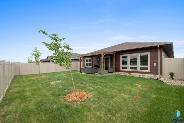rear view of house featuring an outdoor living space, a shingled roof, and a patio area