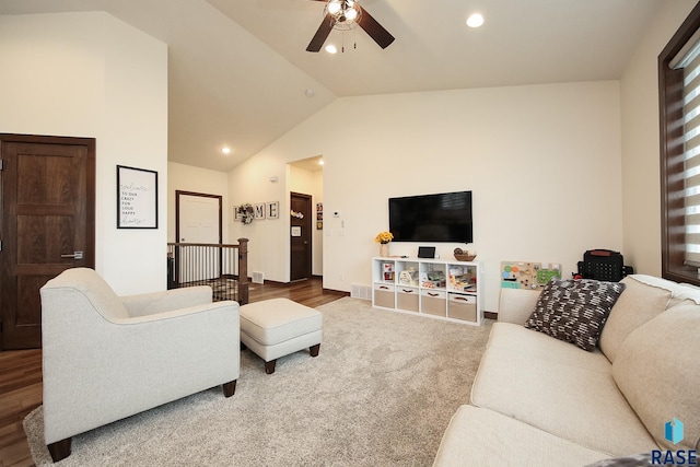 812 Trojan Ave, Hartford, SD 57033 - living room featuring a ceiling fan, baseboards, recessed lighting, carpet, and high vaulted ceiling