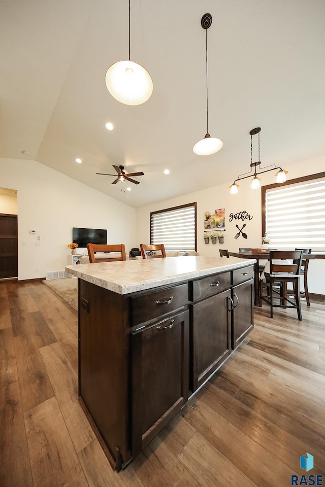 812 Trojan Ave, Hartford, SD 57033 - kitchen featuring lofted ceiling, wood-type flooring, light countertops, dark brown cabinetry, and healthy amount of natural light