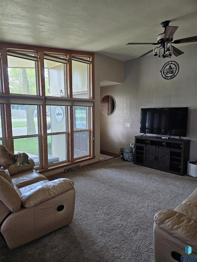 1005 8th Ave, Pipestone, MN 56164 - living area with a textured ceiling, carpet floors, and a ceiling fan