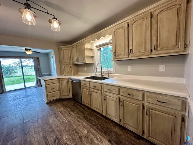 210 160th Ave, Edgerton, MN 56156 - kitchen with a sink, dishwasher, dark wood-type flooring, a ceiling fan, and light countertops
