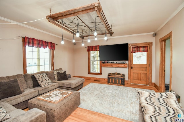 47138 293rd St, Beresford, SD 57004 - living room with crown molding, wood finished floors, and baseboards