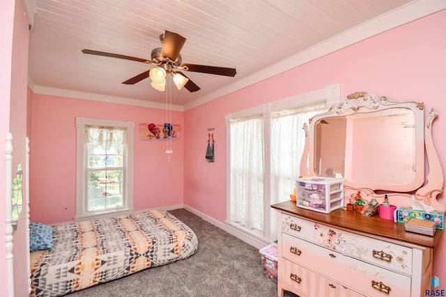 47138 293rd St, Beresford, SD 57004 - bedroom with carpet floors, baseboards, crown molding, a ceiling fan, and wooden ceiling