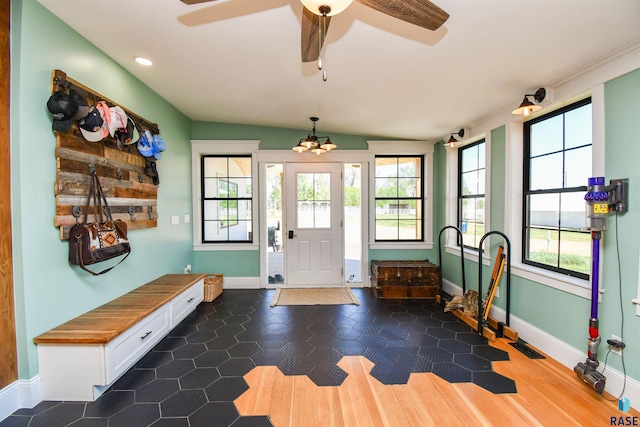 47138 293rd St, Beresford, SD 57004 - foyer entrance featuring baseboards, ceiling fan, recessed lighting, lofted ceiling, and a chandelier