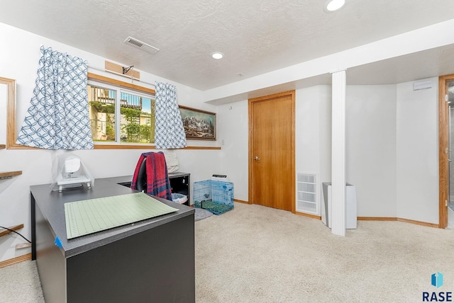 home office featuring carpet flooring, recessed lighting, a textured ceiling, and baseboards