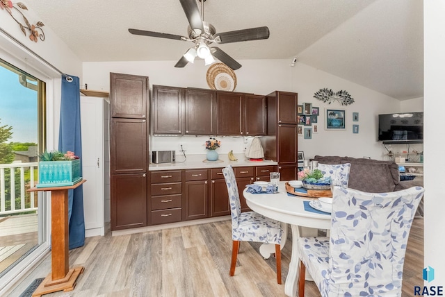 kitchen featuring lofted ceiling, light wood-type flooring, a ceiling fan, light countertops, and dark brown cabinetry