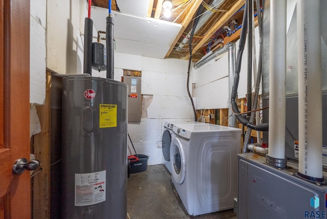 laundry room with electric water heater, electric panel, separate washer and dryer, and concrete block wall