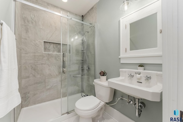 full bath with a stall shower, toilet, and a sink