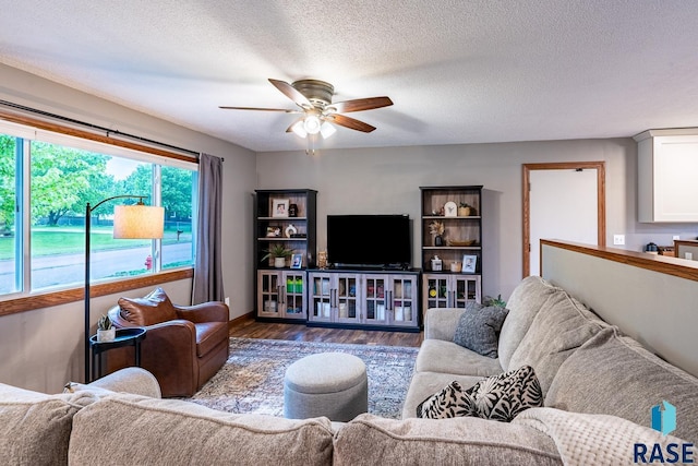 living room featuring wood finished floors, a ceiling fan, and a textured ceiling