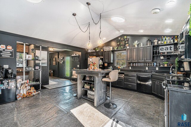 506 SW 8th Ave, Pipestone, MN 56164 - kitchen with open shelves, dishwasher, vaulted ceiling, dark countertops, and a sink