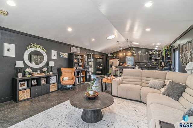 506 SW 8th Ave, Pipestone, MN 56164 - living room featuring vaulted ceiling, recessed lighting, and marble finish floors