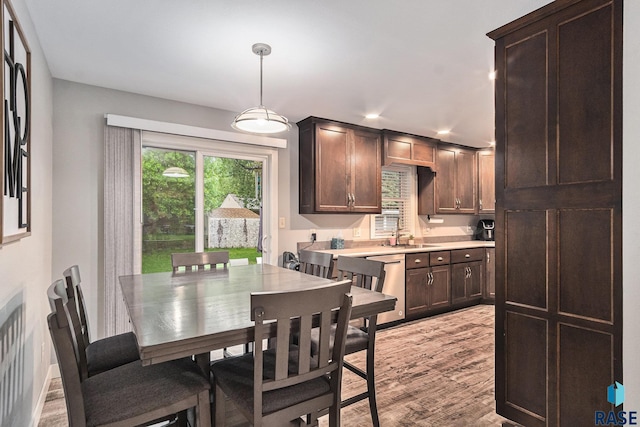 1034 N Elmwood Ave, Luverne, MN 56156 - kitchen featuring dishwasher, dark brown cabinets, light wood-type flooring, light countertops, and a sink