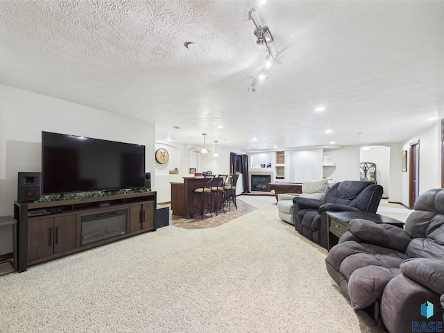 8113 S Copper Ridge Rd, Sioux Falls, SD 57108 - living area with a glass covered fireplace, light carpet, track lighting, and a textured ceiling