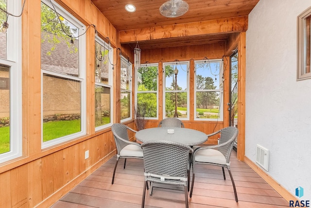 2502 S Big Timber Pl, Sioux Falls, SD 57105 - sunroom featuring healthy amount of natural light, wood-type flooring, wooden walls, wooden ceiling, and outdoor dining area