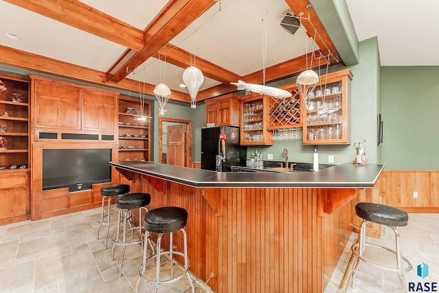 2502 S Big Timber Pl, Sioux Falls, SD 57105 - kitchen featuring freestanding refrigerator, a sink, open shelves, beam ceiling, and a peninsula