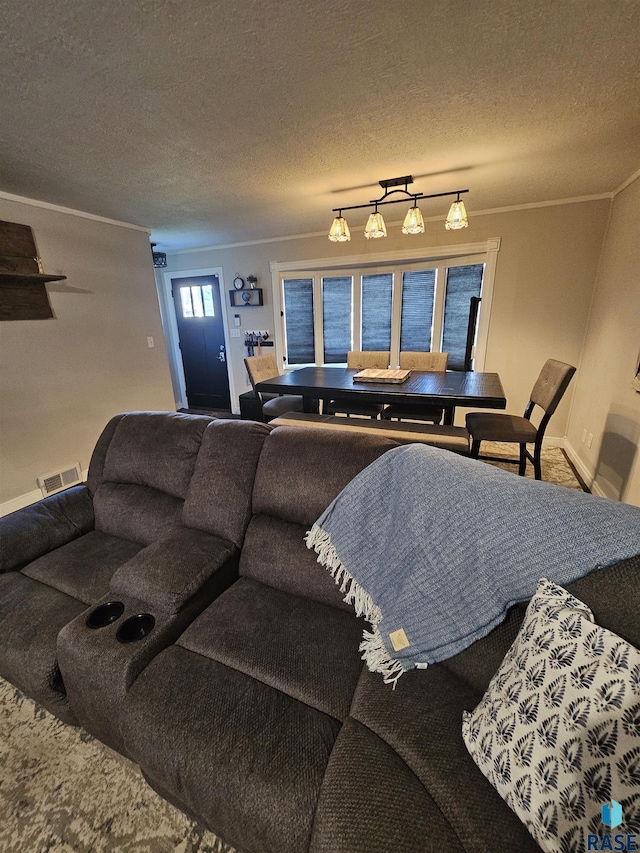 511 N 3rd St, Emery, SD 57332 - living area with baseboards, crown molding, and a textured ceiling