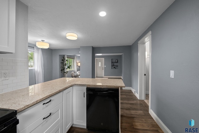 209 E Elm St, Harrisburg, SD 57032 - kitchen featuring black dishwasher, white cabinetry, baseboards, a peninsula, and dark wood finished floors