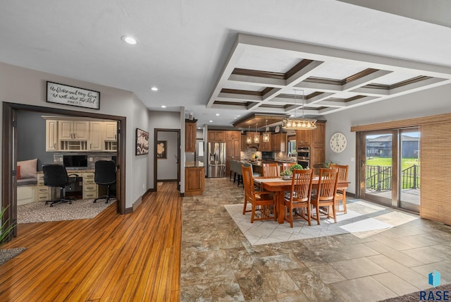 1301 S Hyannis Port Ln, Sioux Falls, SD 57106 - dining space with an office area, coffered ceiling, beamed ceiling, and recessed lighting