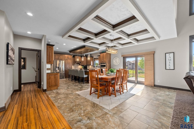1301 S Hyannis Port Ln, Sioux Falls, SD 57106 - dining area featuring baseboards, coffered ceiling, beamed ceiling, recessed lighting, and a chandelier