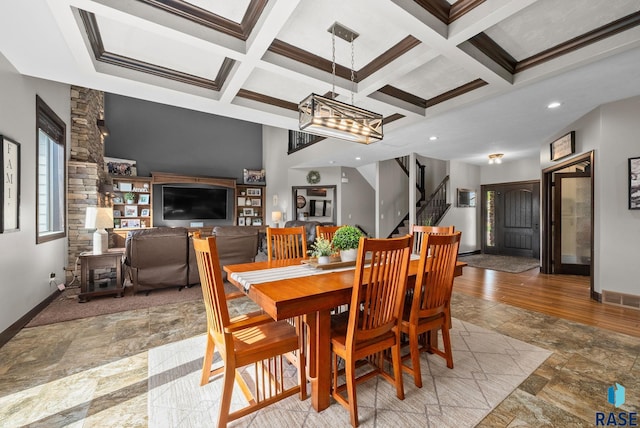 1301 S Hyannis Port Ln, Sioux Falls, SD 57106 - dining room featuring stone tile flooring, baseboards, beamed ceiling, coffered ceiling, and stairs