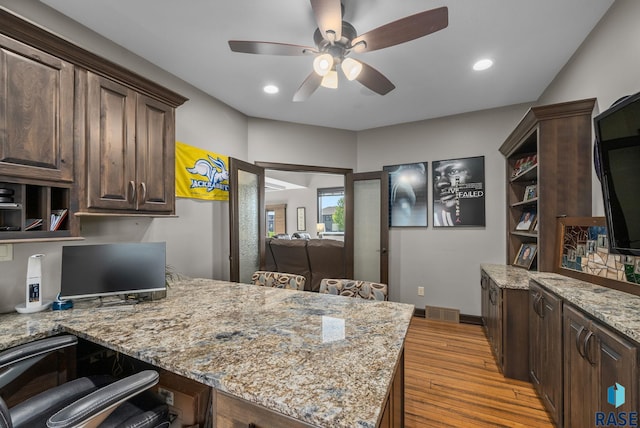 1301 S Hyannis Port Ln, Sioux Falls, SD 57106 - kitchen with open shelves, wood finished floors, a ceiling fan, dark brown cabinets, and recessed lighting