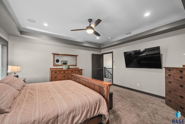 1301 S Hyannis Port Ln, Sioux Falls, SD 57106 - bedroom with carpet flooring, a raised ceiling, baseboards, recessed lighting, and ceiling fan