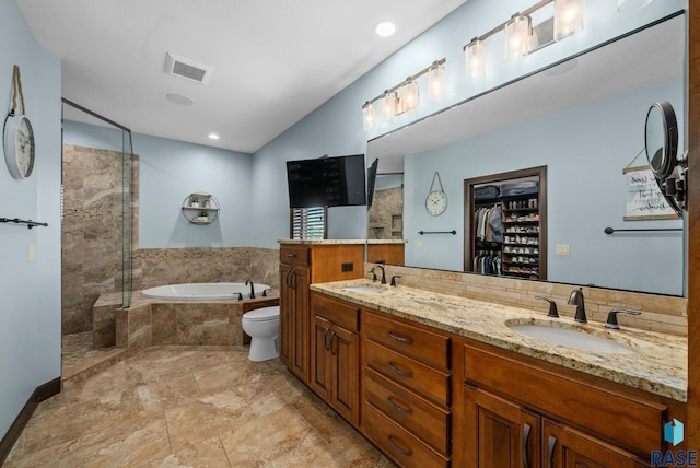 1301 S Hyannis Port Ln, Sioux Falls, SD 57106 - bathroom with a bath, a walk in shower, double vanity, a spacious closet, and vaulted ceiling