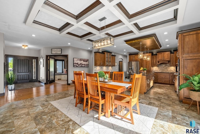 1301 S Hyannis Port Ln, Sioux Falls, SD 57106 - dining space with a chandelier, coffered ceiling, beam ceiling, and recessed lighting