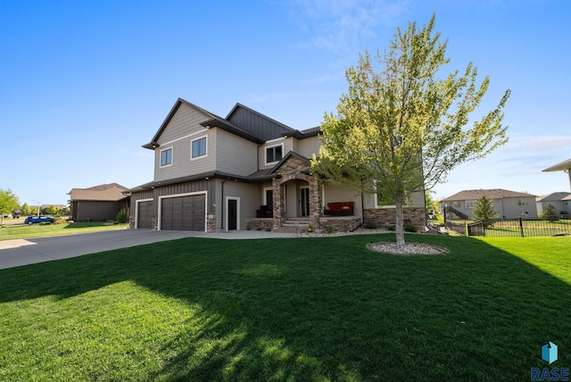 1301 S Hyannis Port Ln, Sioux Falls, SD 57106 - craftsman-style house featuring stone siding, board and batten siding, an attached garage, and driveway